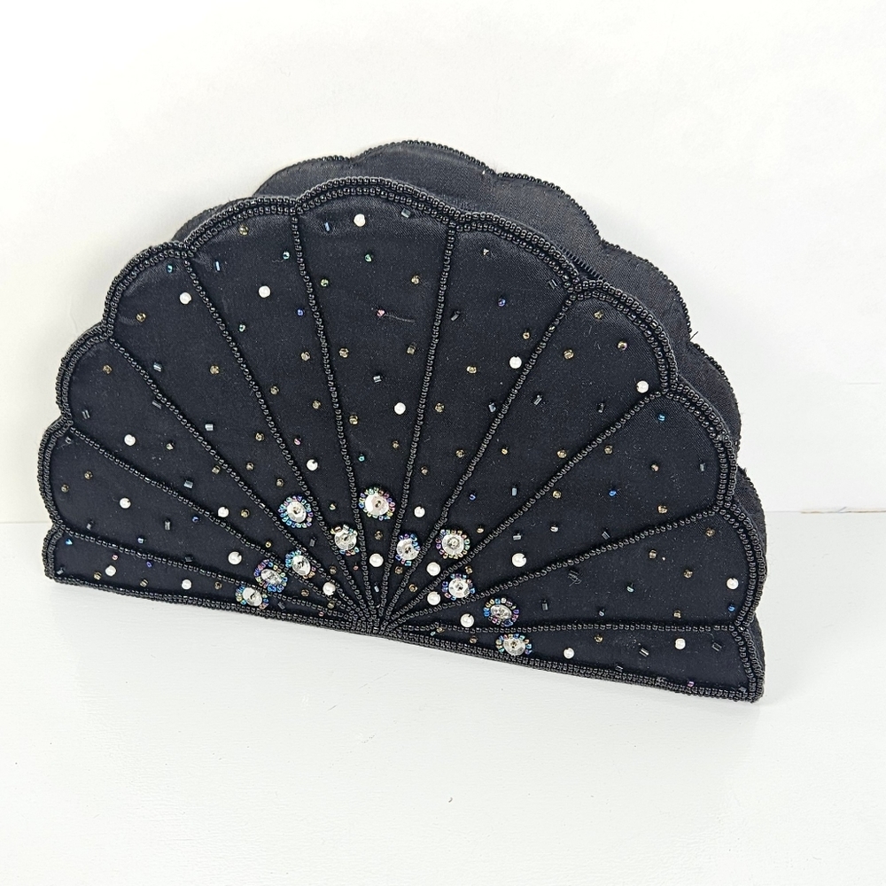 Vintage fan shaped Satin embellished Beaded clutch Evening bag